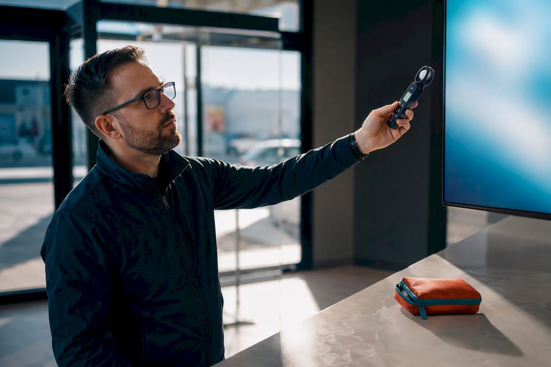 Facility manager measuring storefront display brightness