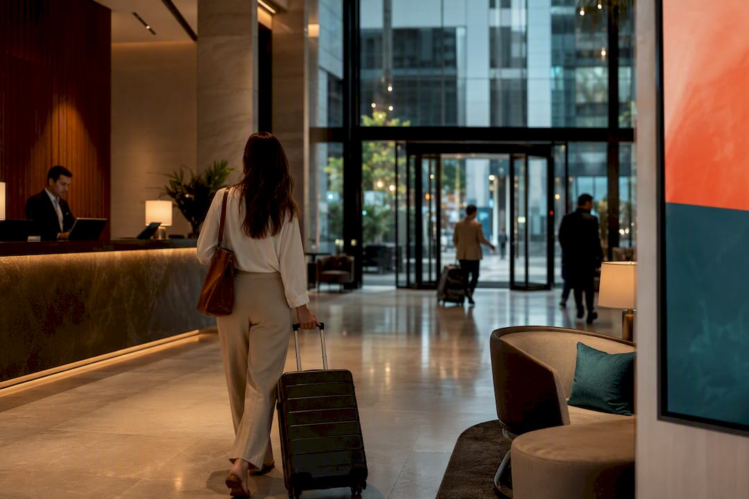 Hotel lobby with dynamic digital display