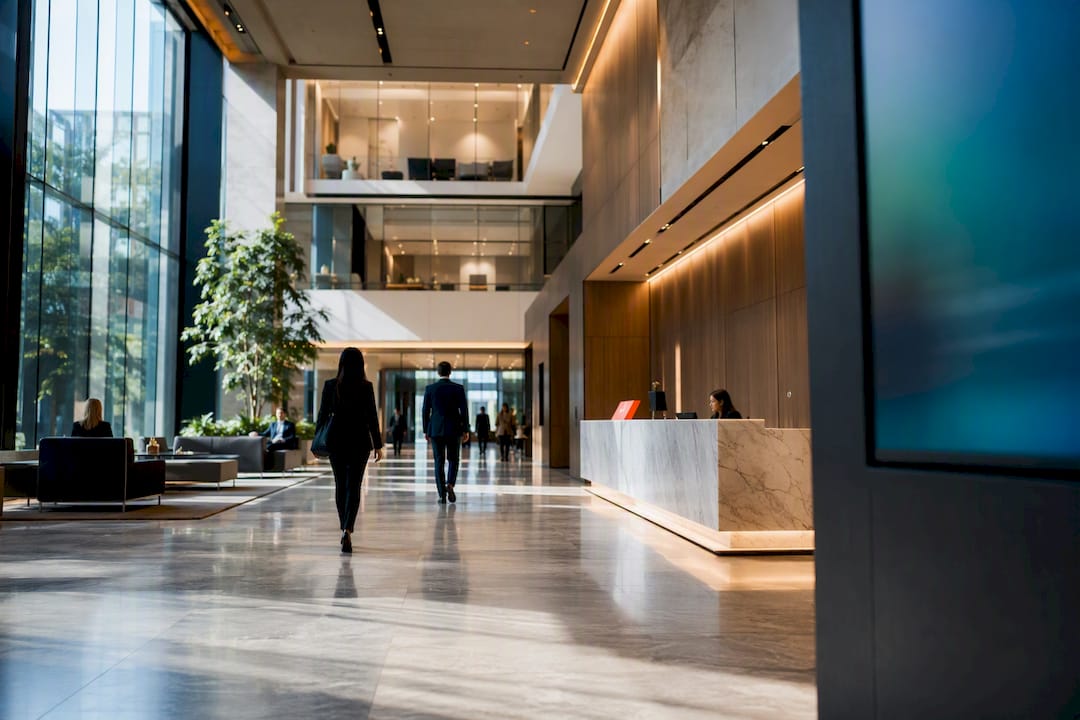 Modern office lobby with digital signage
