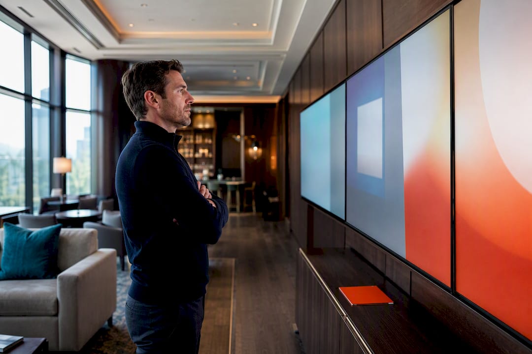 Operator reviewing a multi-zone display wall