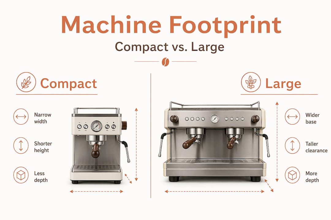 Infographic comparing compact and large espresso machine footprint