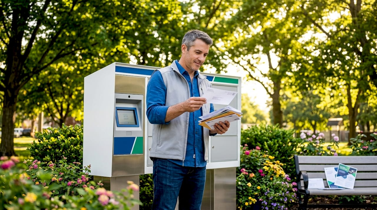 Man checks unfamiliar letter near mailboxes