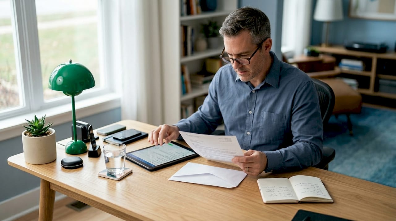 Man reviewing credit freeze steps at table