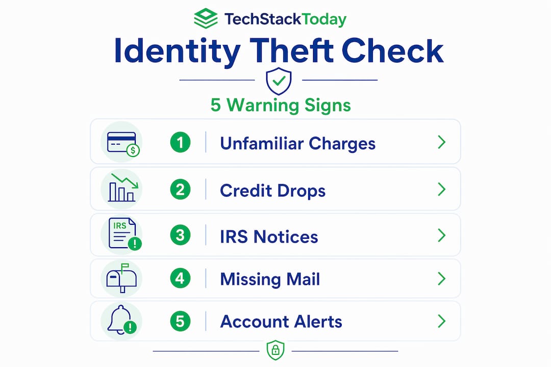 Infographic showing five warning signs of identity theft