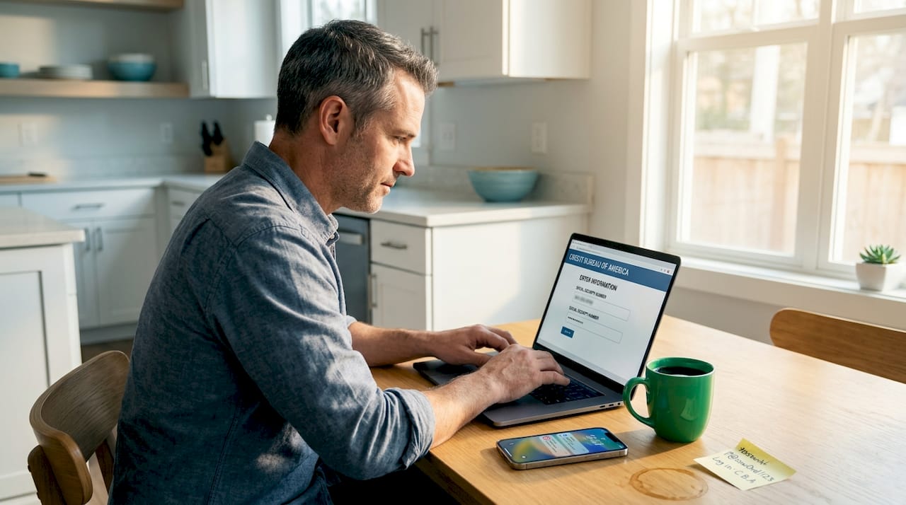 Man using laptop for credit freeze process