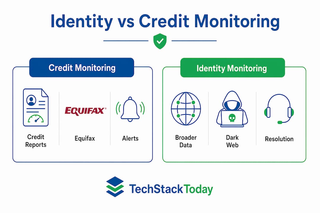 Infographic comparing identity monitoring and credit monitoring