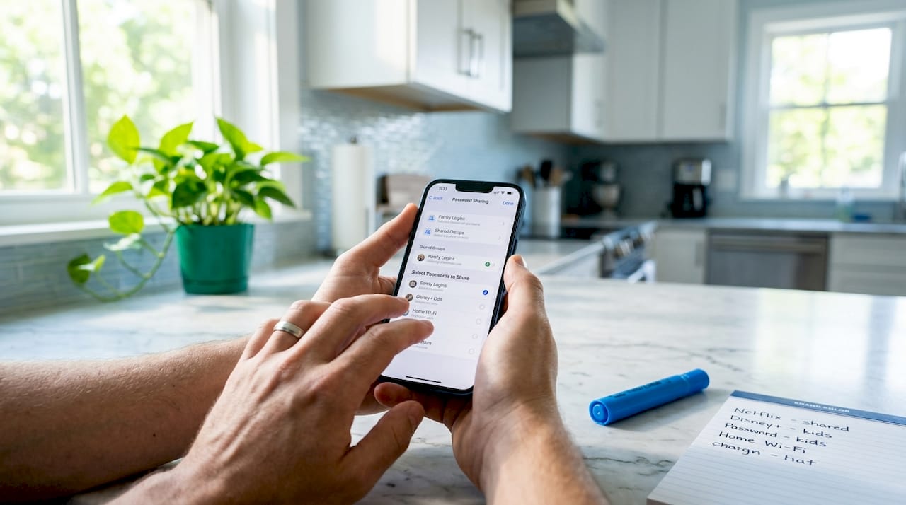 Hands holding iPhone showing Apple password sharing screen