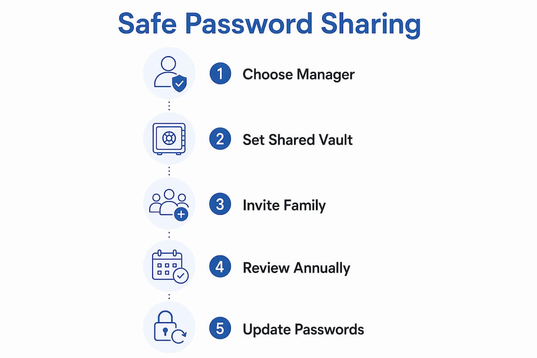 Infographic illustrating safe steps to share passwords with family