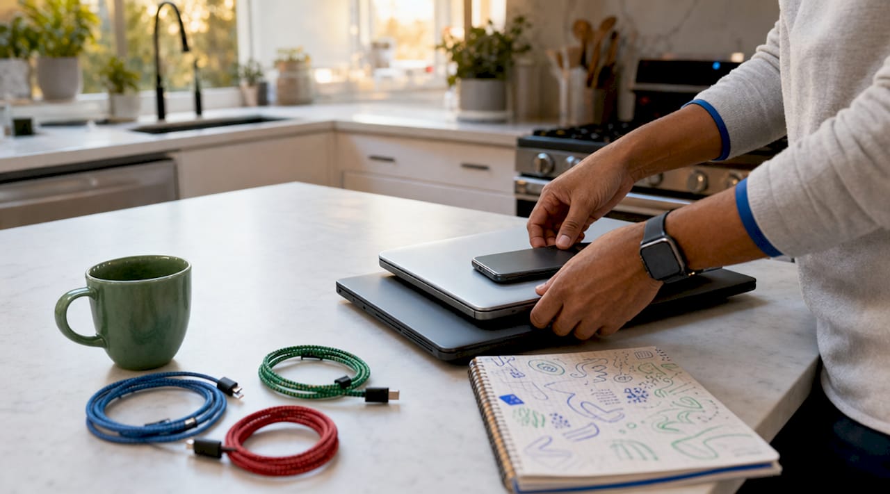 Mixed devices on family workspace desk overhead view