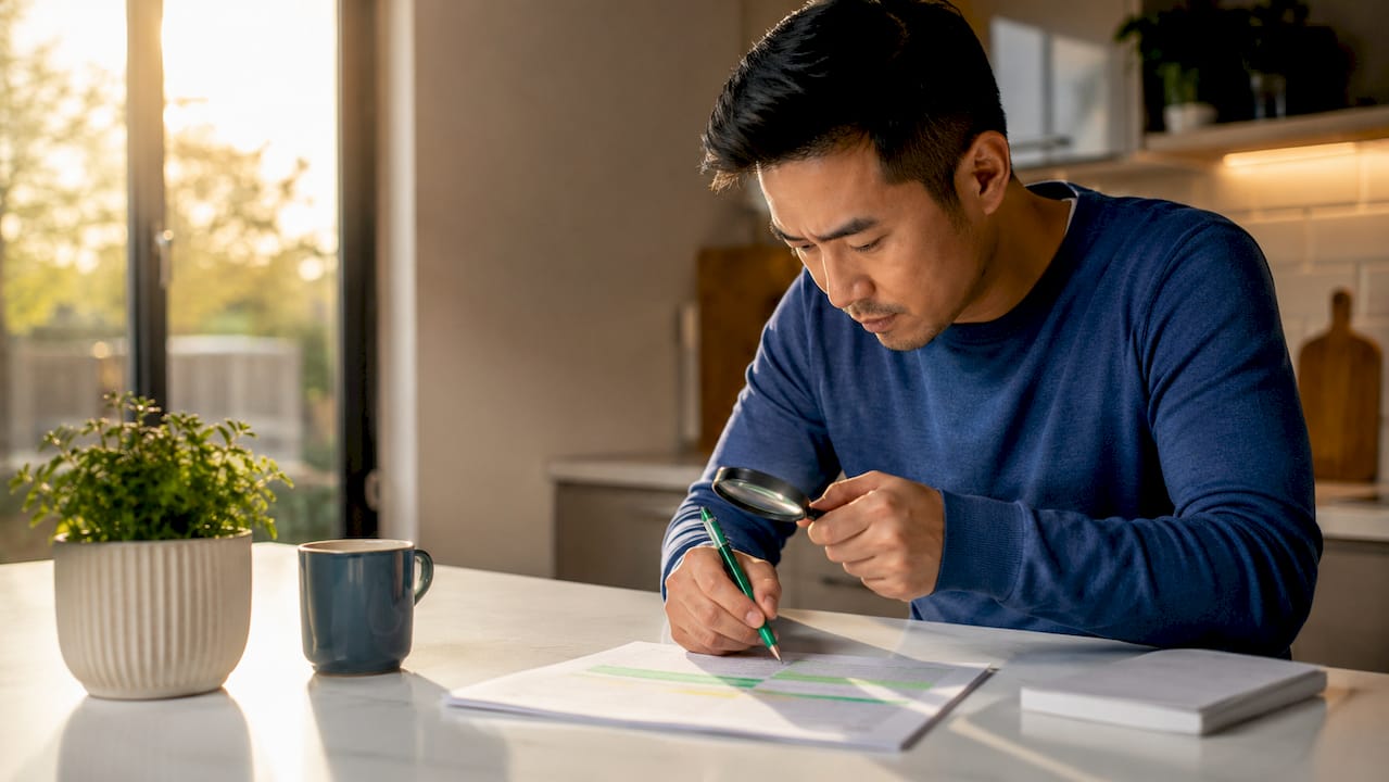 Close-up of hands inspecting credit report with magnifying glass