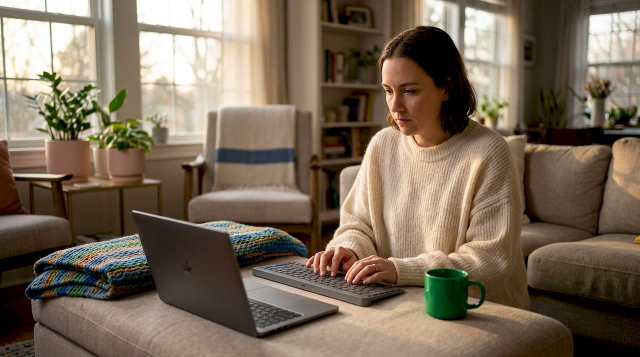 Hands typing master password at home desk