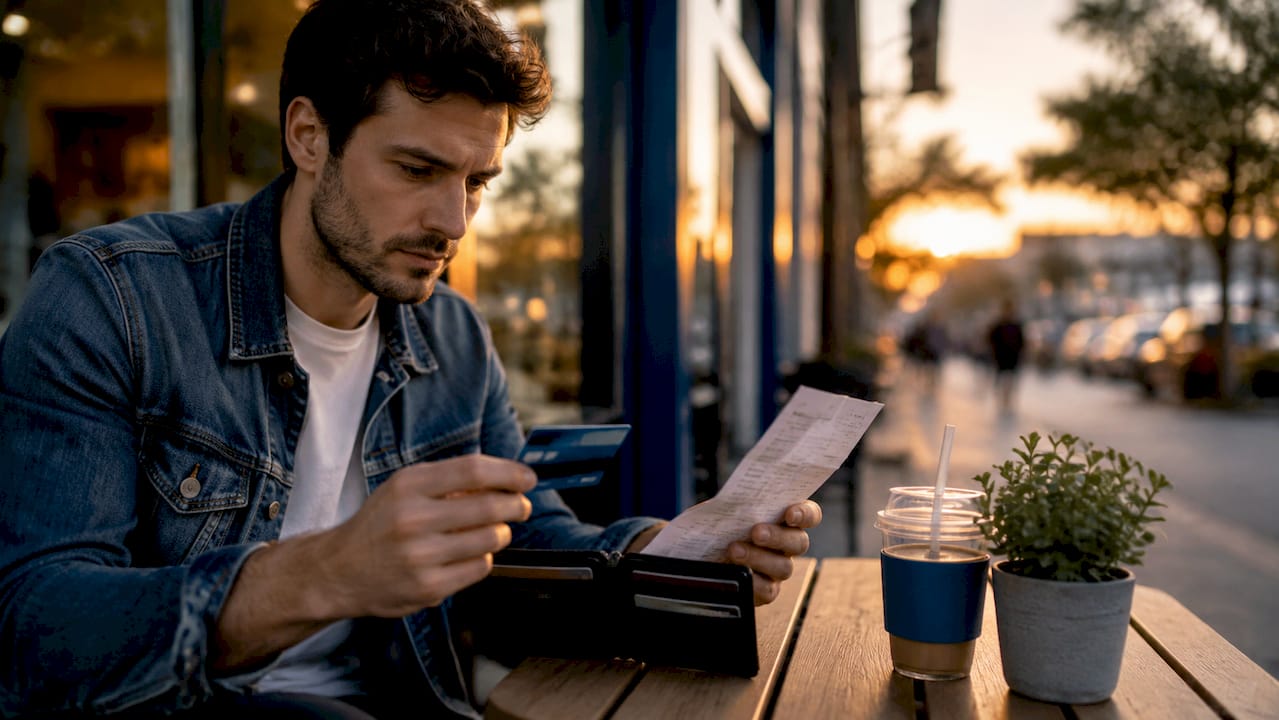 Close-up of man checking financial documents and cards