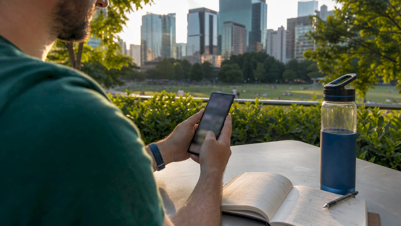 Hands scrolling password manager app on smartphone in cafe