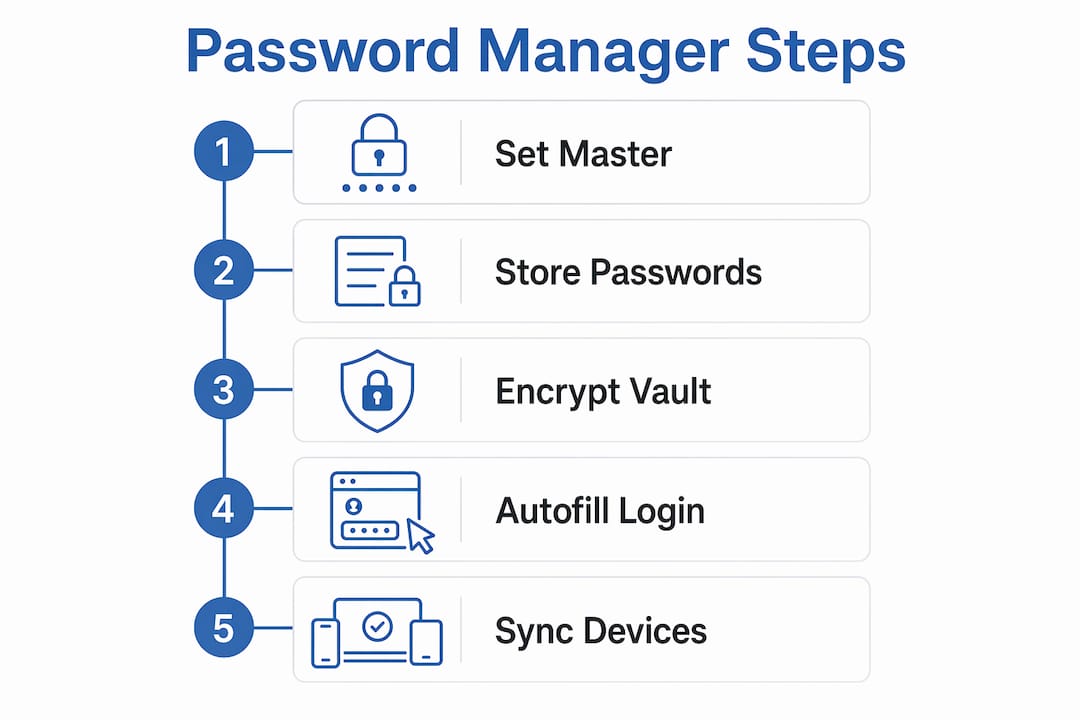 Infographic showing password manager workflow steps