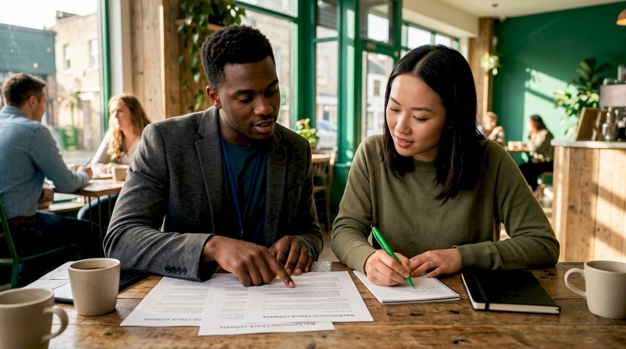 Two professionals discussing screening categories