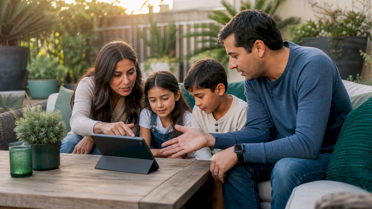 Family setting parental controls together at table