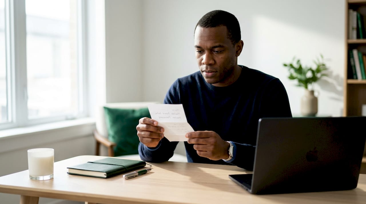 Hands holding handwritten master password backup note