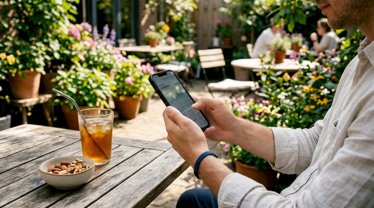 Hands scrolling smartphone monitoring finances in cafe