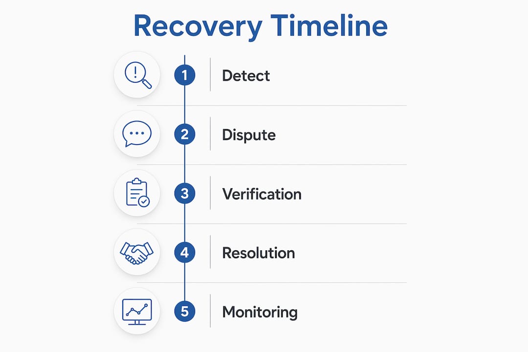 Infographic illustrating identity theft recovery timeline steps