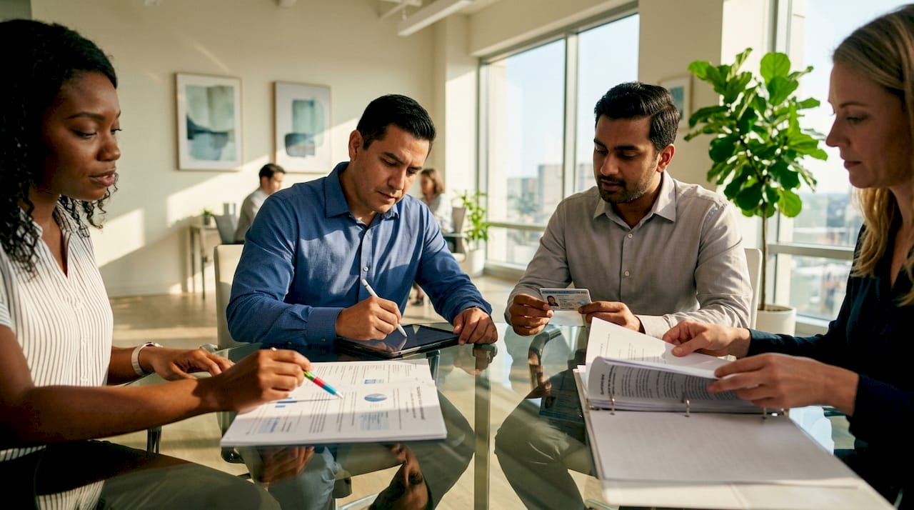 Diverse team reviewing identity fraud documents