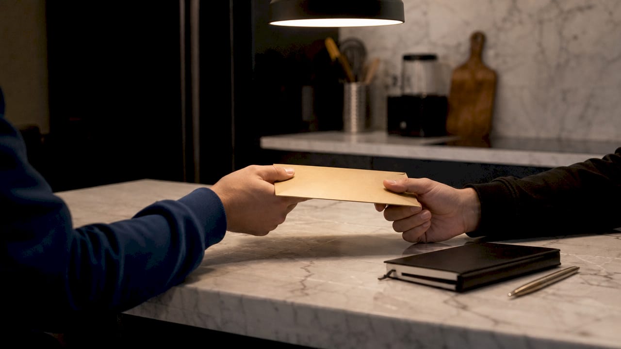 Hands exchanging envelope symbolizing dark web transaction