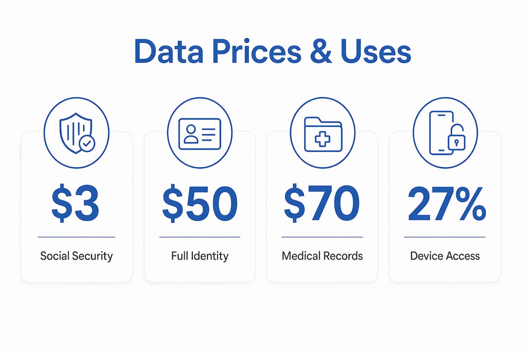 Infographic showing data types and prices on dark web