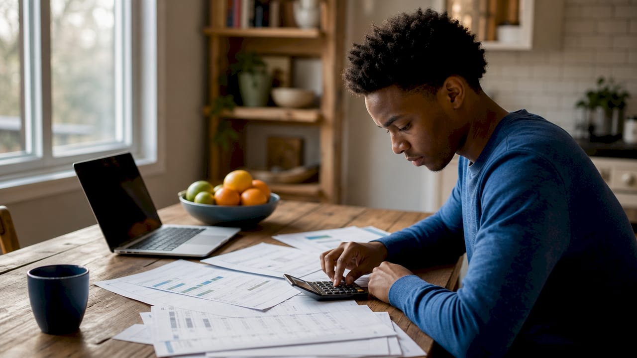 Hands calculating pay-per-check pricing on documents