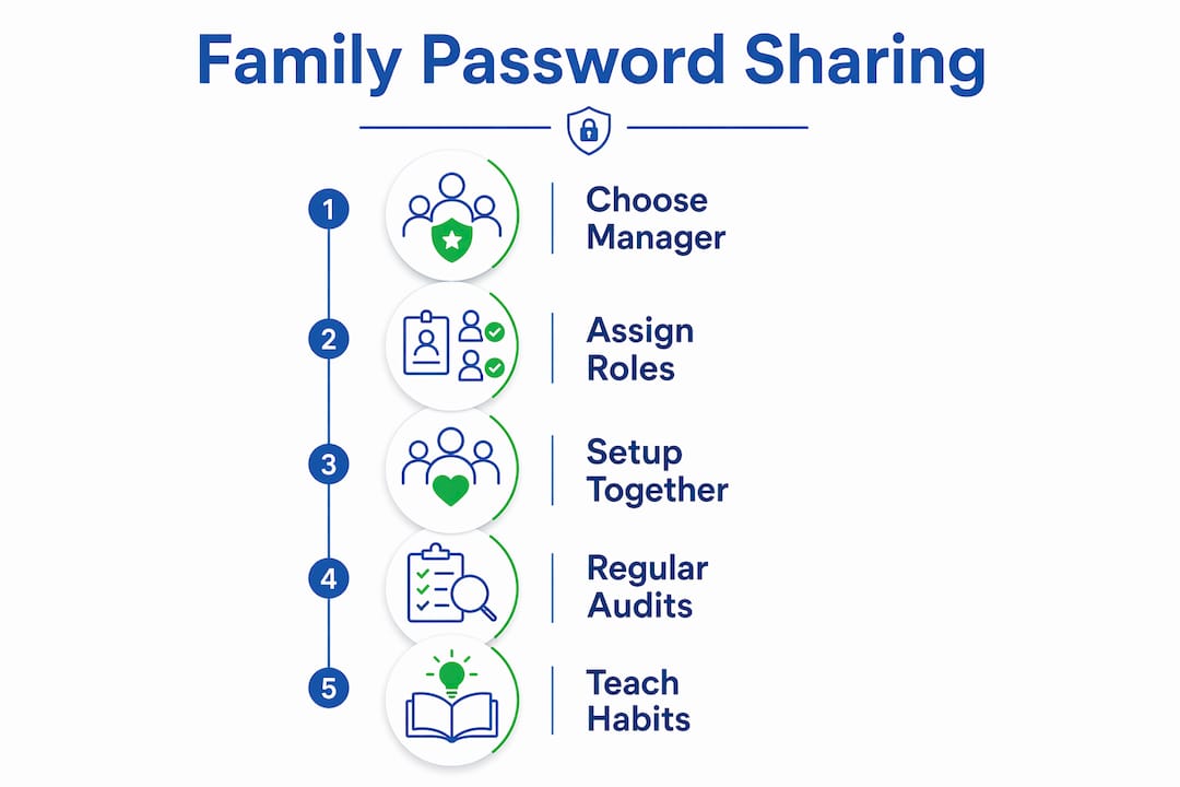 Infographic outlining steps for secure family password sharing