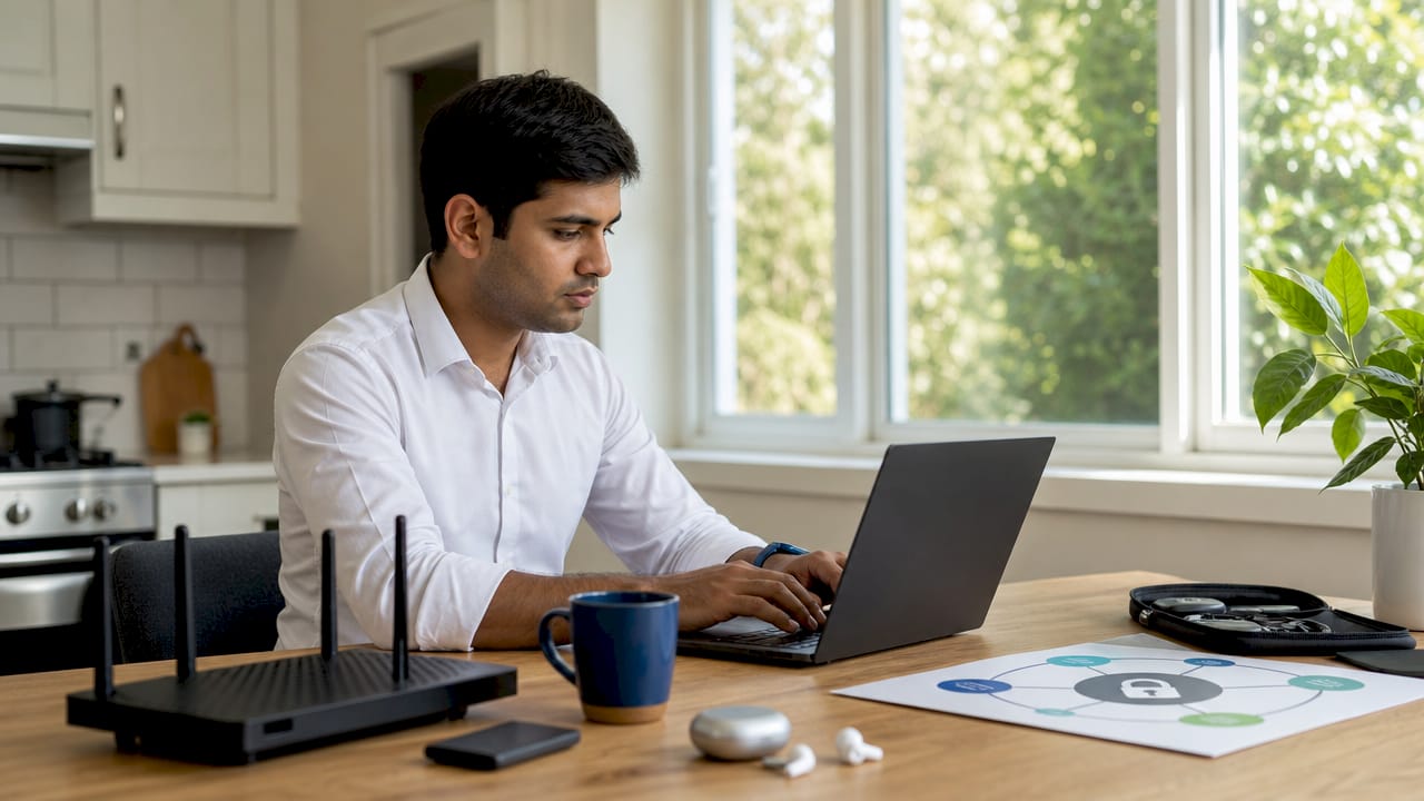 Hands typing at office desk with cybersecurity tools