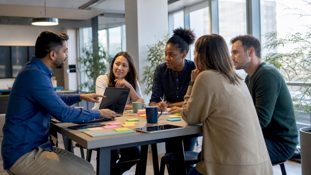 Team preparing phishing lures at office meeting table