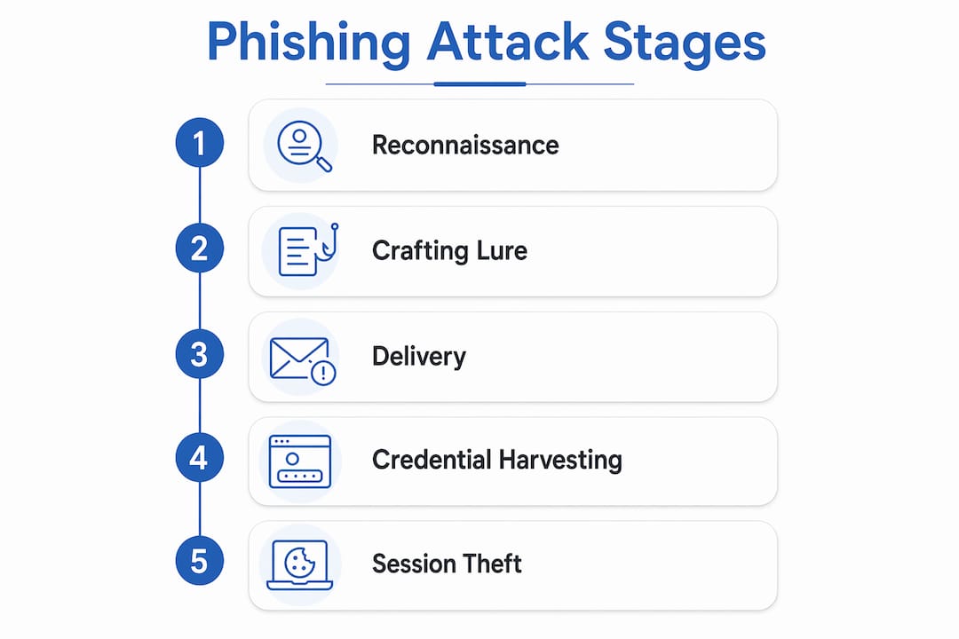 Infographic showing phishing attack stages in vertical flow