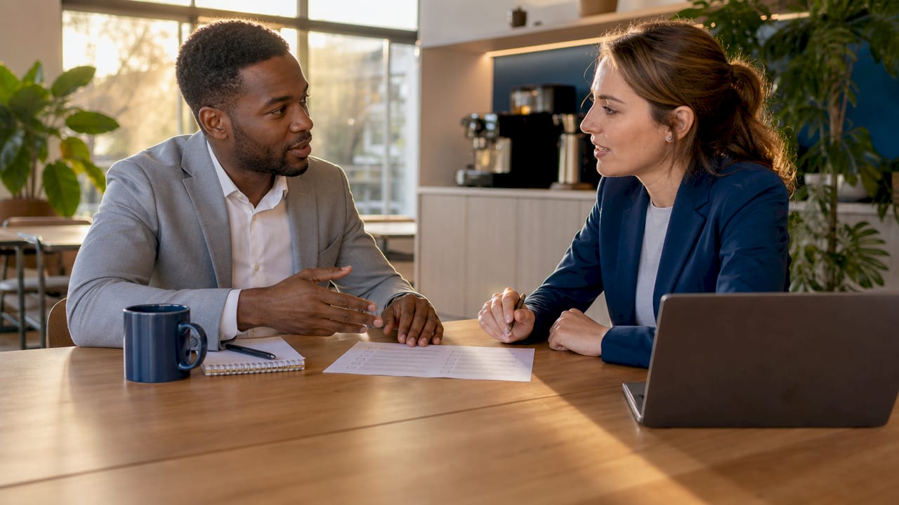 Two professionals exchanging compliance checklist