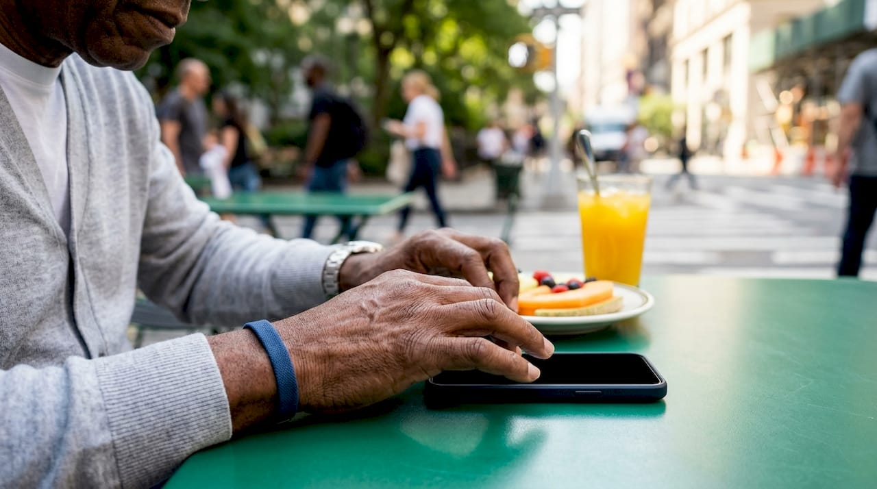 Hands typing password on smartphone in café