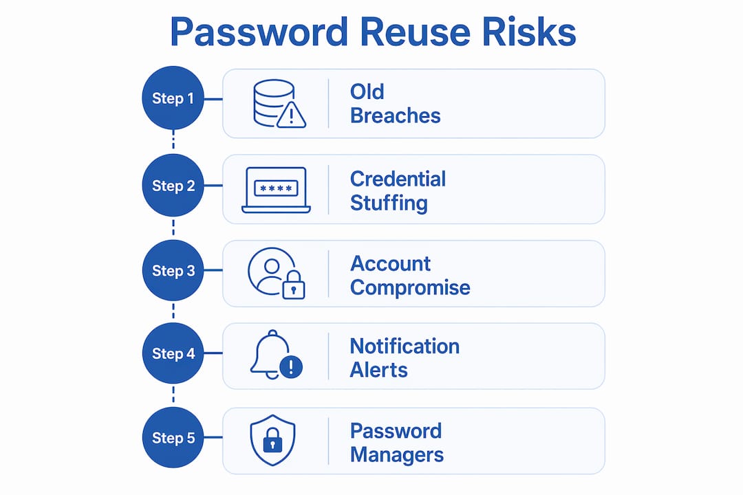 Infographic illustrating steps of password reuse risks