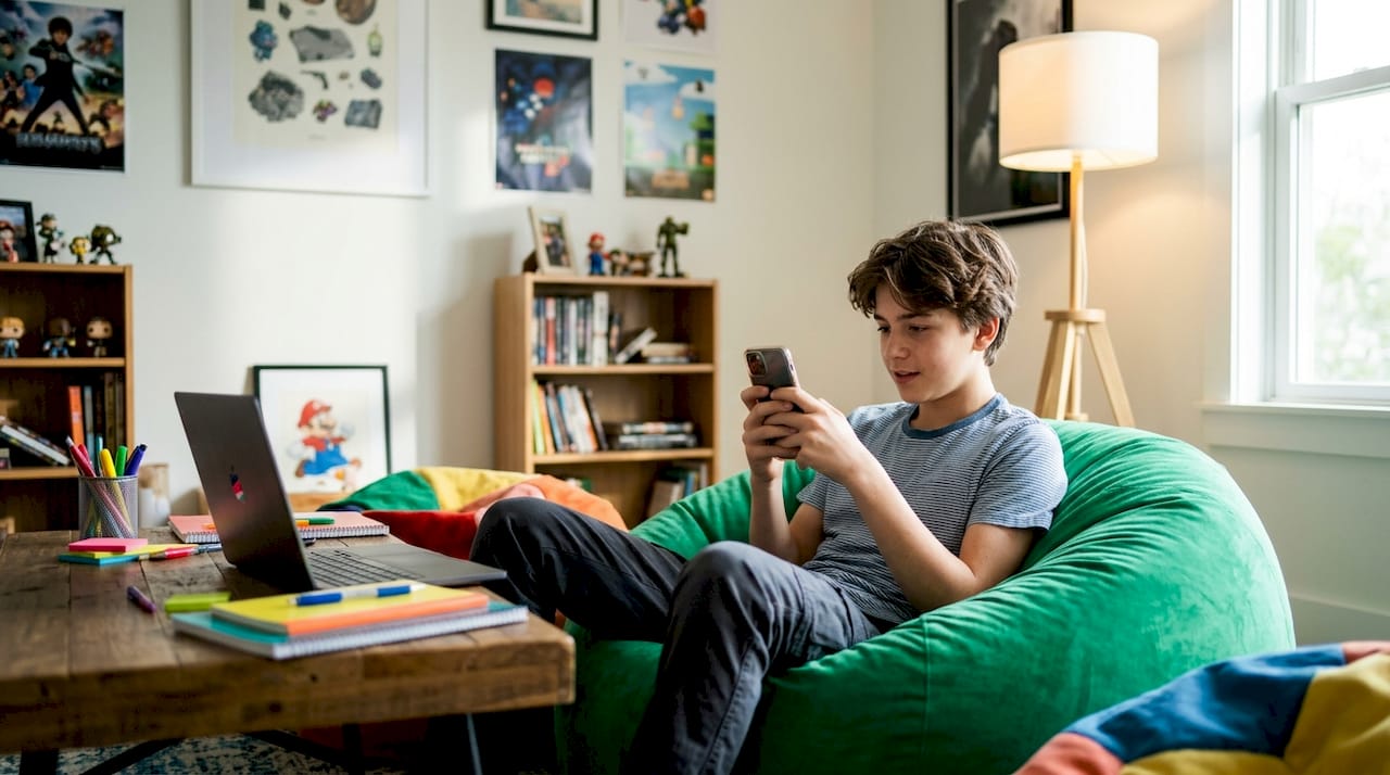 Teen using password manager on phone
