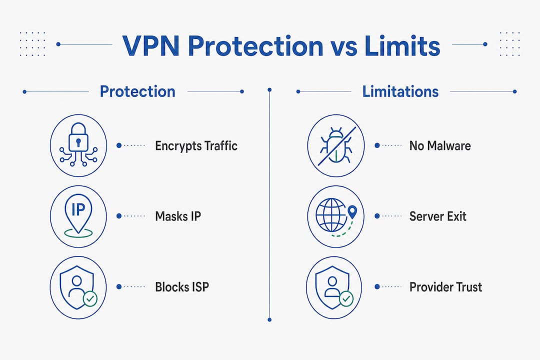 Infographic comparing VPN protection and limitations