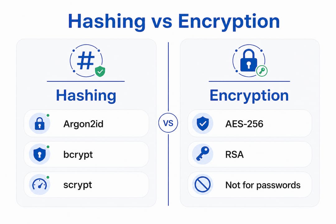 Infographic comparing hashing algorithms and encryption
