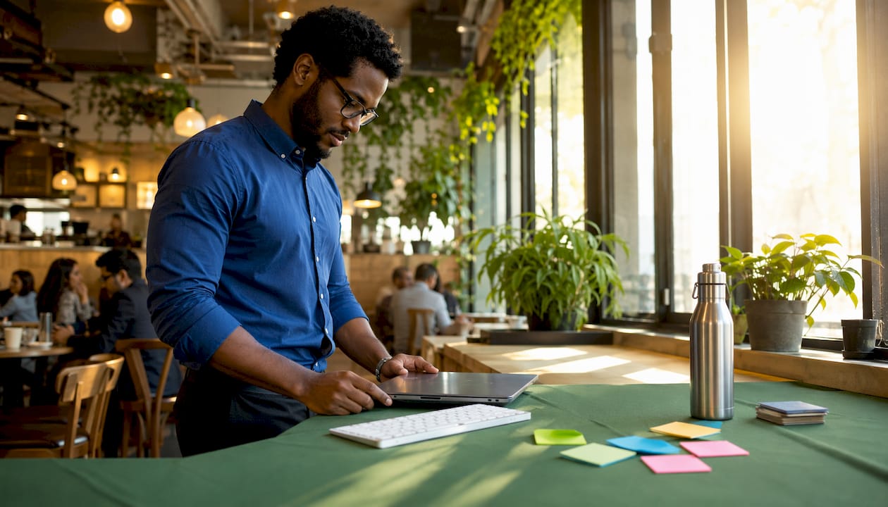 Hands typing at standing desk in coworking space