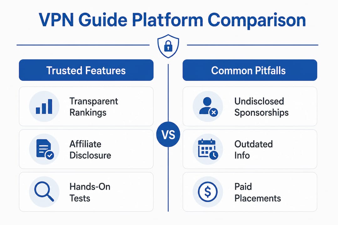 Infographic comparing trusted features versus pitfalls of VPN guides