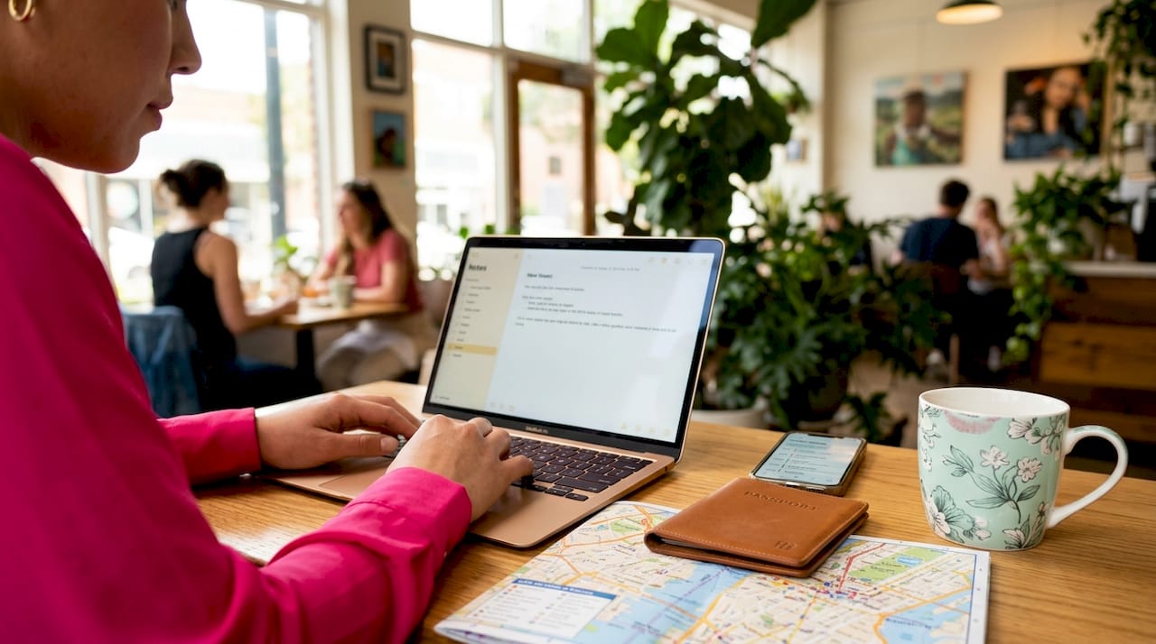 Assistant organizing travel at kitchen island