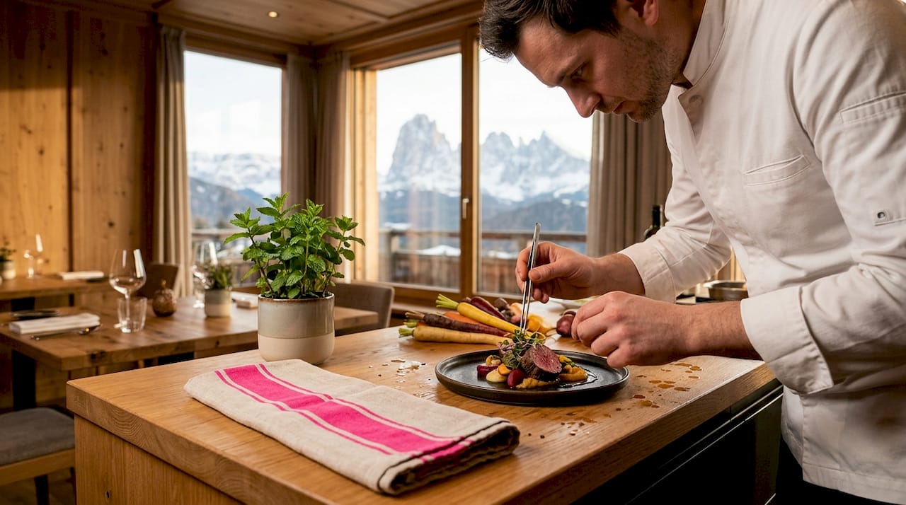 Chef plating local dish in alpine restaurant