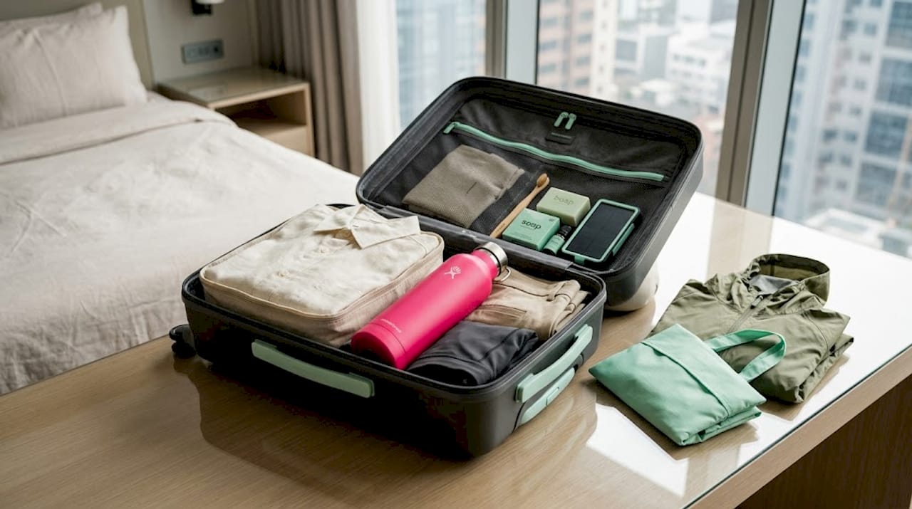 Open suitcase with eco-friendly travel essentials