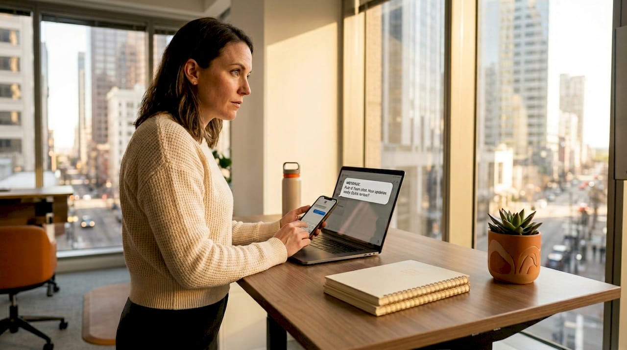 Businesswoman replying to text at corner office desk
