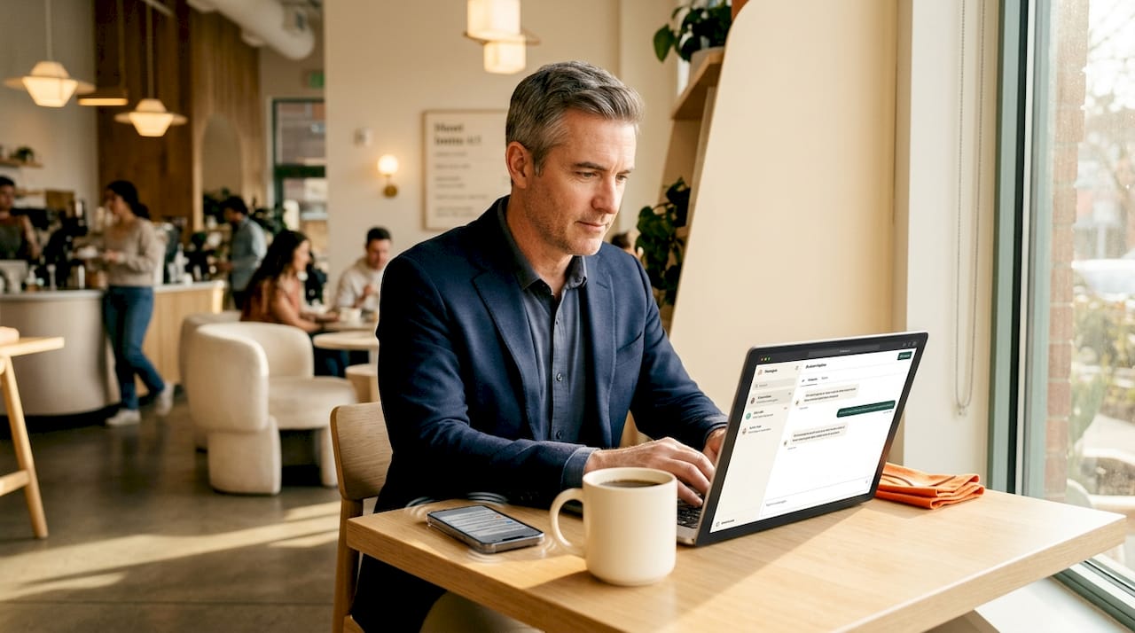 Employee reviewing automated text messages at desk