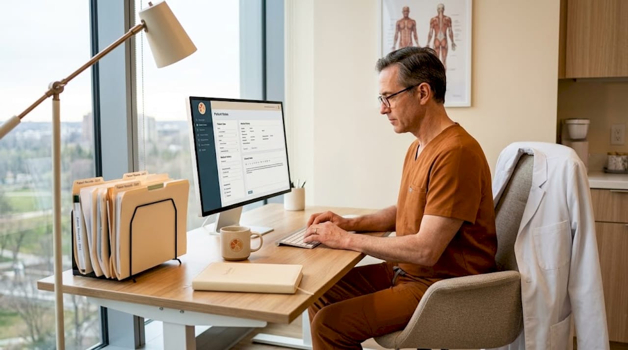 Physician typing medical notes at cluttered clinic desk