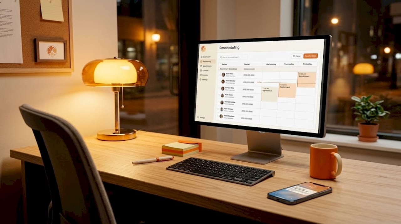 Reception desk with AI rescheduling screen after hours