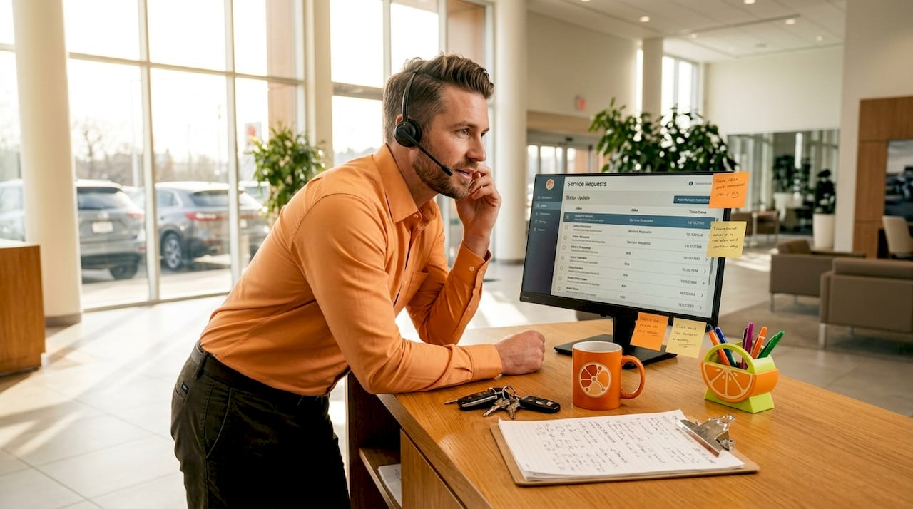 Service advisor using AI tools at dealership counter