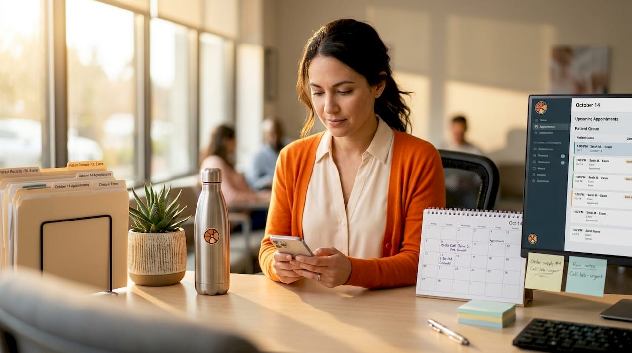 Clinic manager texting at reception desk