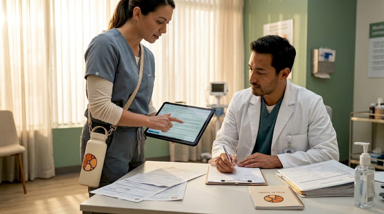 Clinic staff using AI tablet for workflow