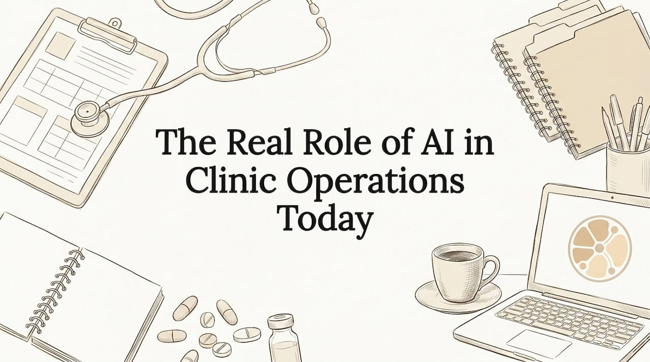 Hand-drawn clinic objects framing title space